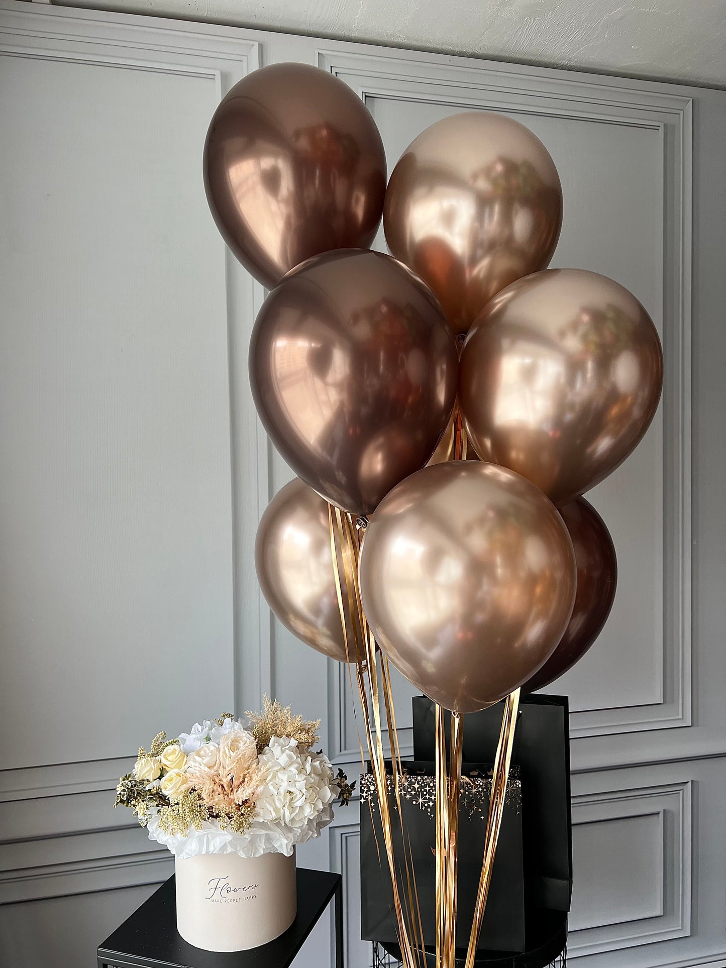 Close-up of toffee latex balloon bouquet in warm neutral tones for modern party decor in Brooklyn