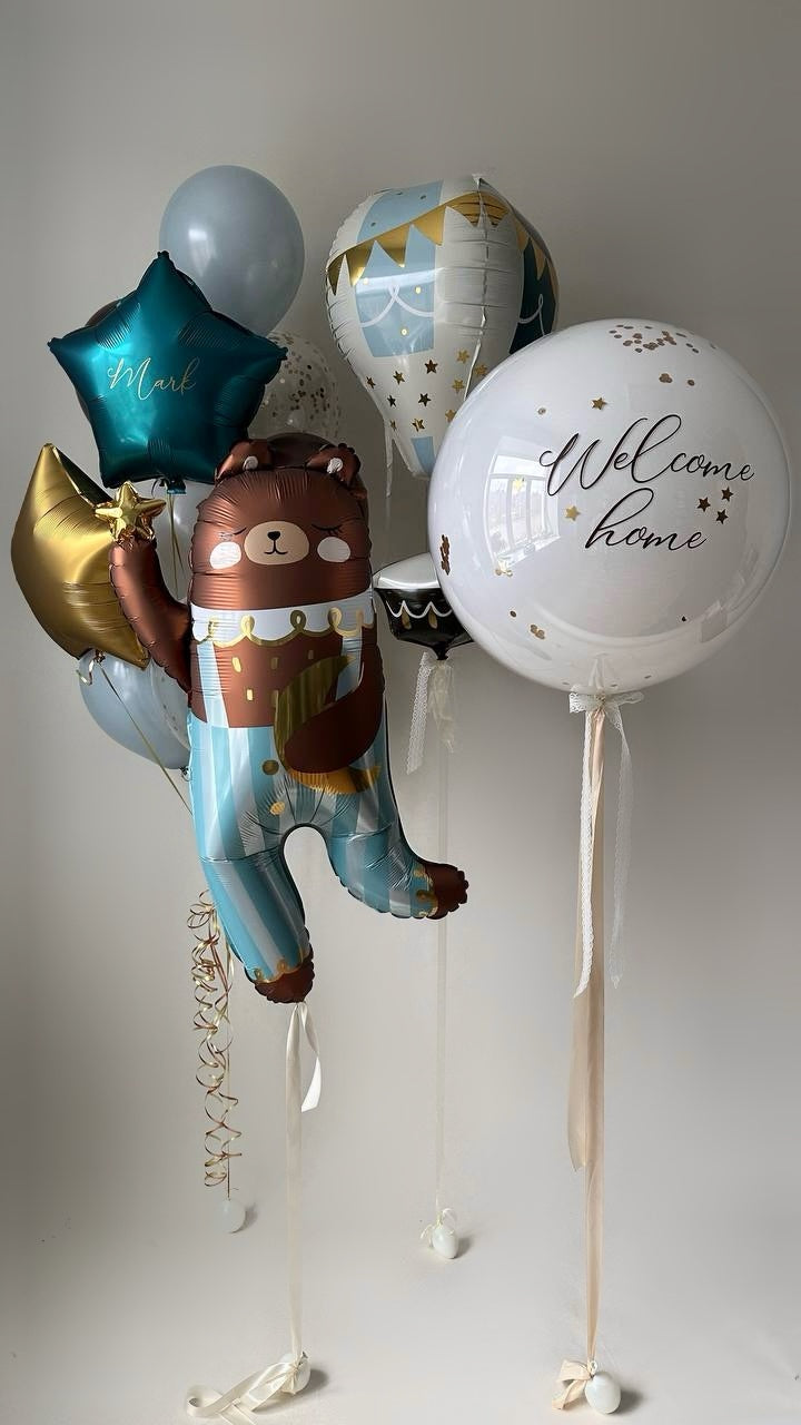 Twinkle bear balloon set with large bear balloon, custom bubble balloon, and star balloons for baby welcome decor in New York