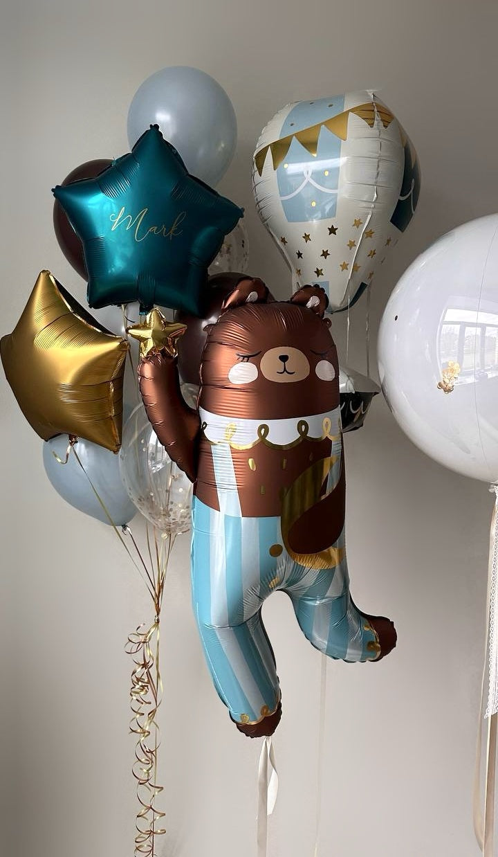 Bear balloon arrangement with custom bubble balloon for newborn celebration decor in Queens