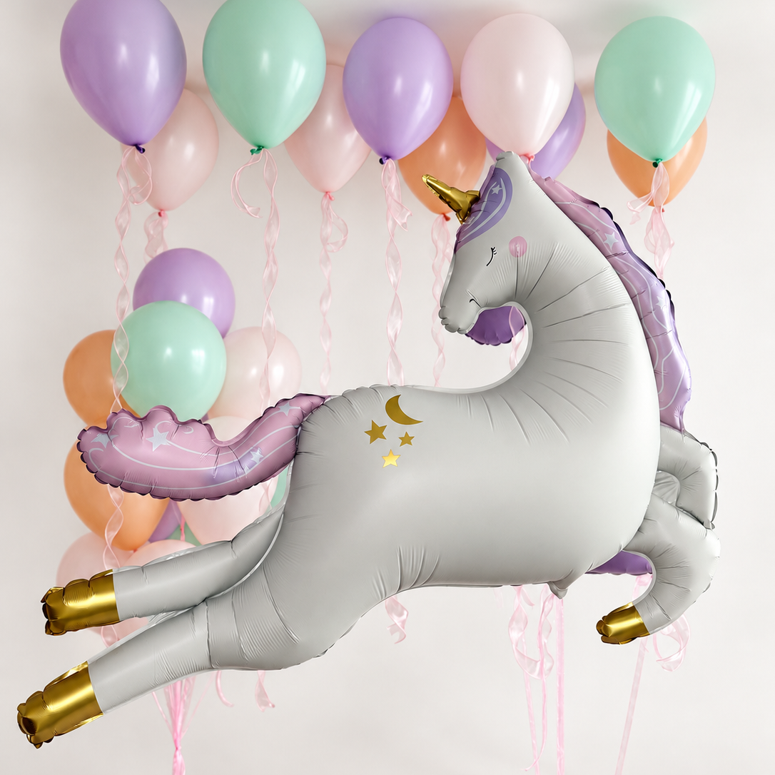 Large white unicorn balloon with a lilac mane and gold details, surrounded by pastel pink, lilac, mint and peach ceiling balloons and a matching balloon bunch.