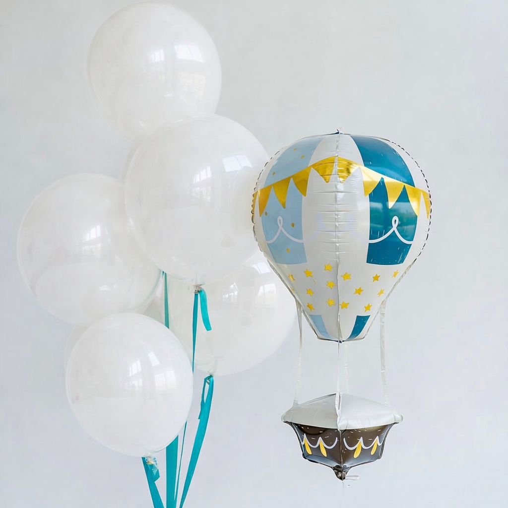 Up in the Sky Balloon Set with hot air balloon foil and clear balloon bouquet for baby celebration decor in Queens