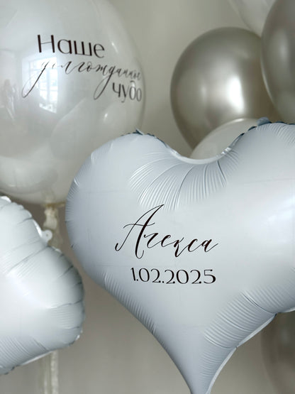 Personalized heart balloon and bubble balloon styling for newborn celebration decor in Manhattan
