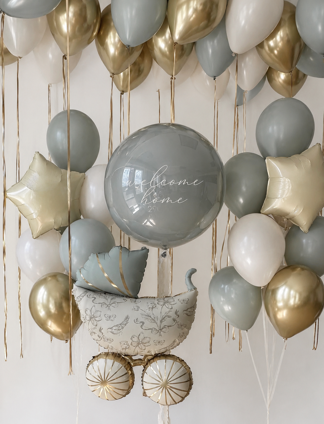 Welcome Home Baby Balloon Set with personalized bubble balloon, stroller balloon, balloon bunches, and ceiling balloons for newborn celebrations in Manhattan