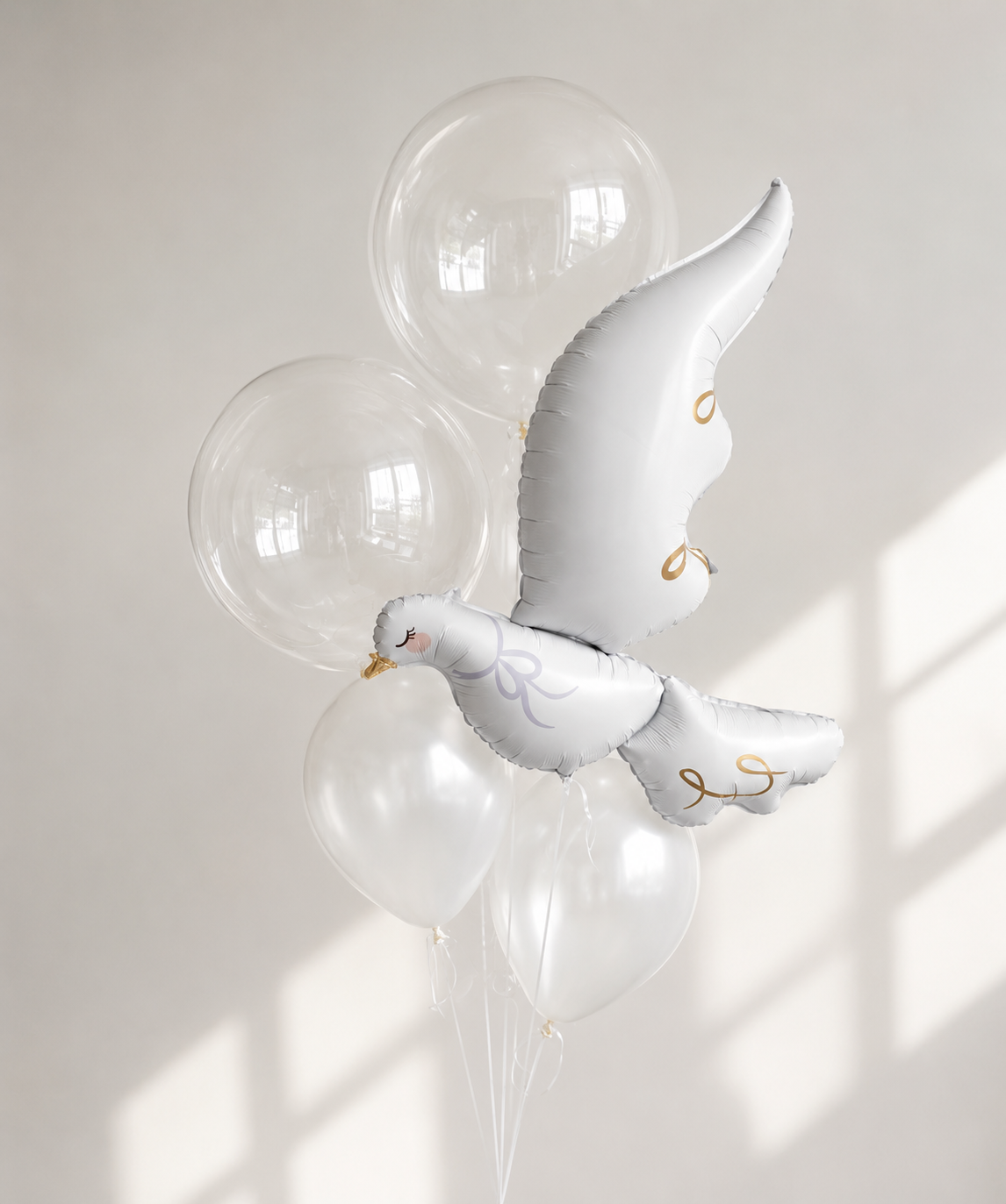 White Dove and Bubble Balloon Bouquet with 1 dove balloon, 2 medium clear bubbles, and 3 white latex balloons for elegant celebration decor in Brooklyn