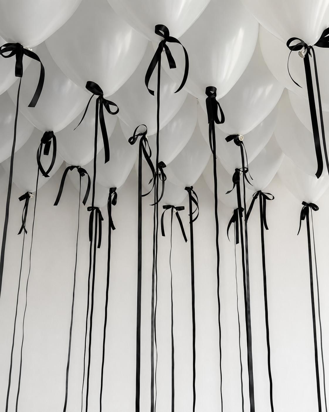 White with Black Bow Ceiling Balloons featuring pearl white helium balloons with long black ribbons and elegant black bow details in New York