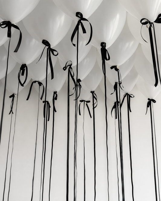 White with Black Bow Ceiling Balloons featuring pearl white helium balloons with long black ribbons and elegant black bow details in New York