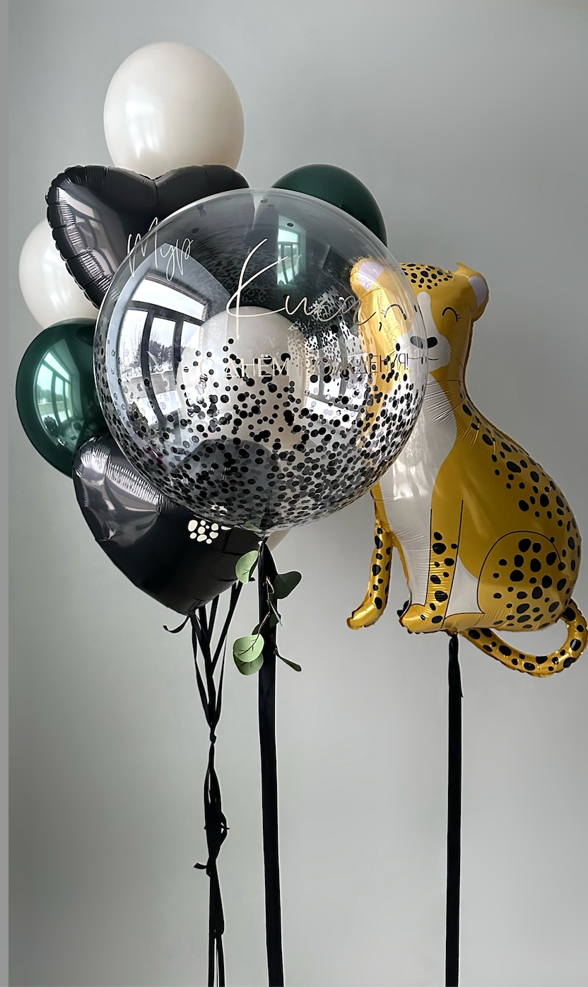 Wild and Elegant balloon set with personalized bubble balloon, leopard balloon, and jungle party decor in New York