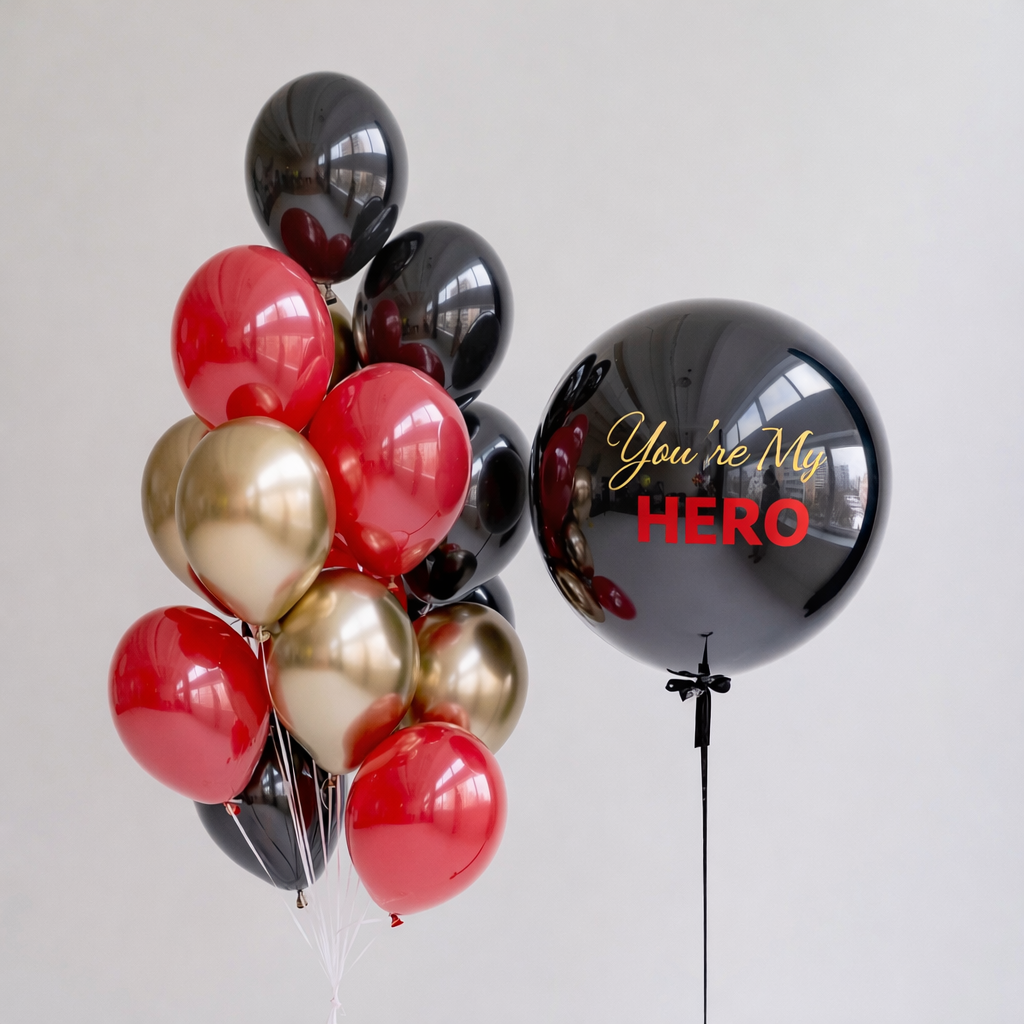 You’re My Hero Balloon Set with custom bubble balloon and red black gold latex bouquet for celebration decor in Queens